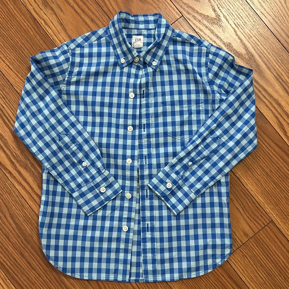 Gap kids Blue Checkered Button-Up cotton dress casual Shirt size S-Regular